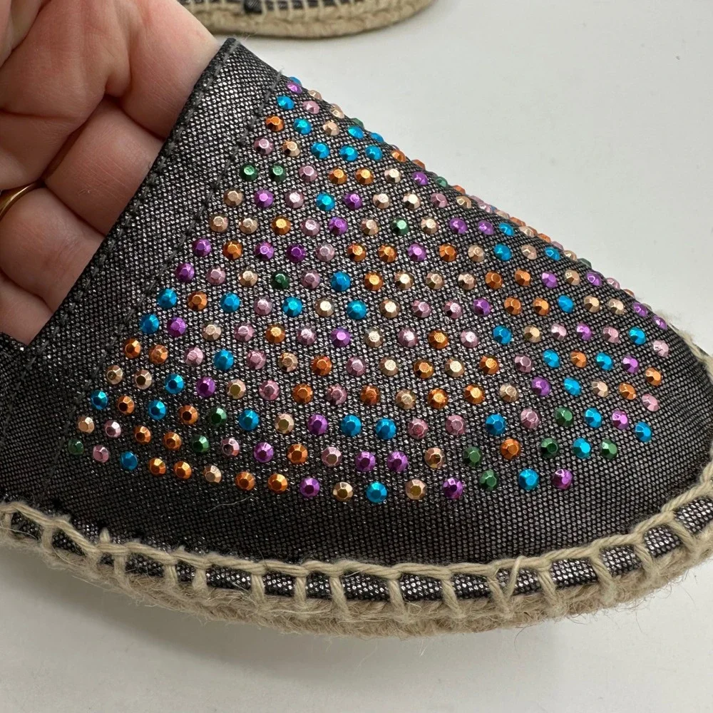 SESTO MulEmbellished Espadrille Flats Metallic‎ Black Rhinestone Slip On Shoe